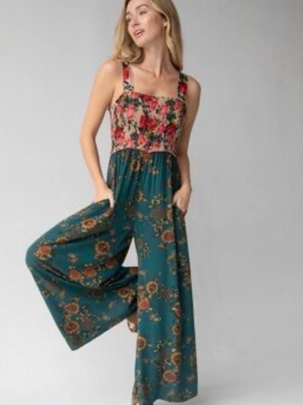 NATURAL LIFE Teal & Pink Floral Wide-Leg Jumpsuit